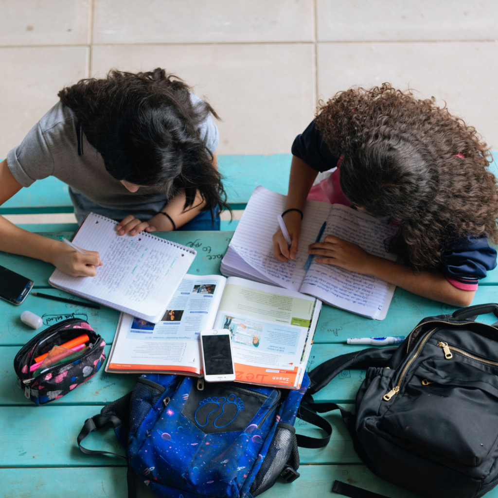 Two teenage girls in school uniforms are working on their homework together at a table. This image depicts two teenage school girls in their uniforms, working on their homework.