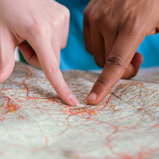 Map on bottom of screen with two hands above pointing to a spot on the map. 