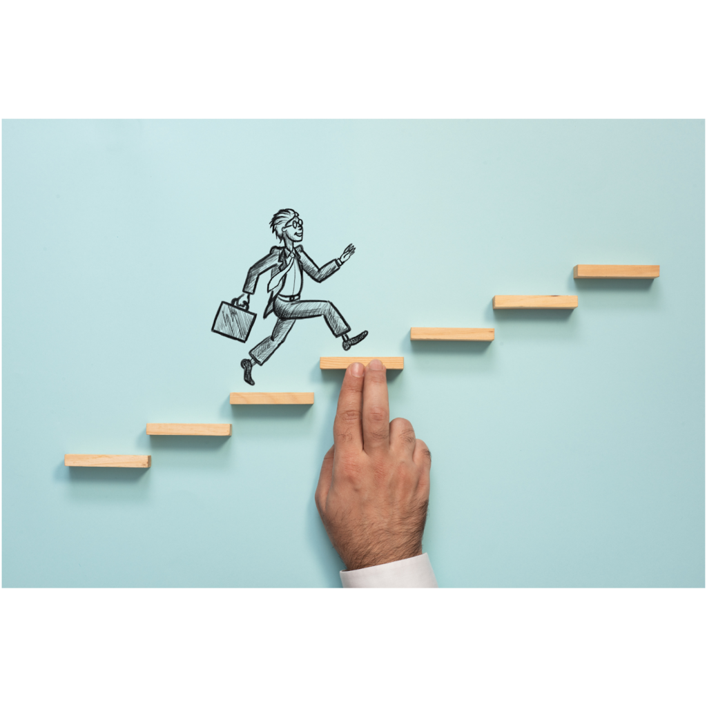 A Blue Wall with a illustration of a person running up stairs 