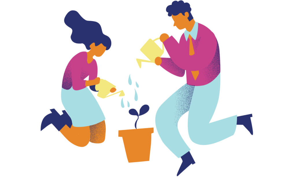 Illustration of a student and a mentor kneeling and watering a small plant together, symbolizing growth and collaboration from alumni mentoring opportunities.