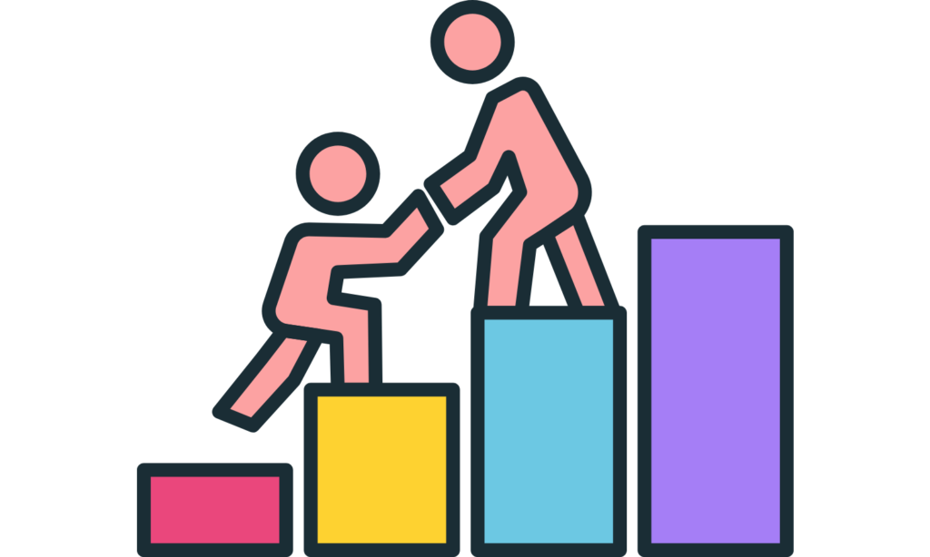 Illustration of one person helping another climb colorful steps, symbolizing alumni mentoring as a way to support current and future students while building a community of advocates.