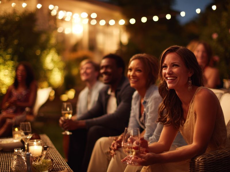 Group of diverse alumni enjoying evening outdoor dinner party with string lights, wine glasses, and candlelit table