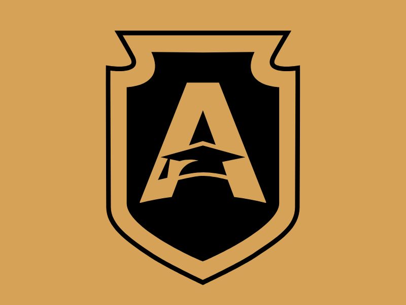 Gold and black alumni association shield logo with graduation cap incorporated into letter A design
