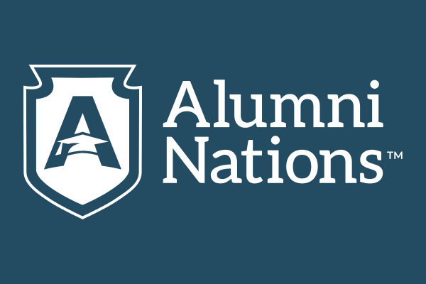 Alumni Nations logo featuring a shield with stylized letter A on a dark teal background