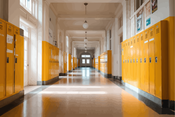 Empty school hallway with lockers representing nostalgic memories from students’ educational experiences