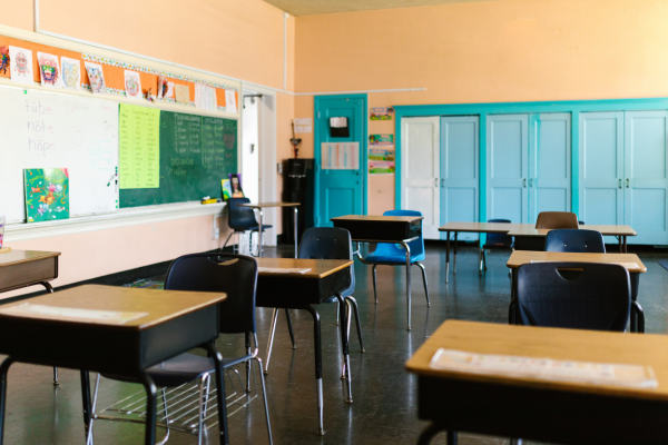 Empty classroom prepared for alumni guest speakers and student mentorship