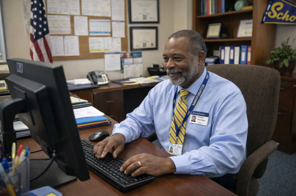 School administrator working on a desktop computer in a tidy office with papers, certificates, and bookshelves in the background.