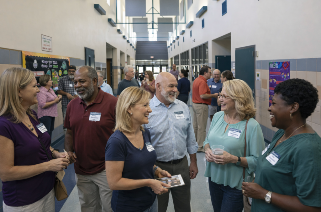 Multi-generational group of alumni aged 35+ gathered in a school hallway, smiling and chatting during a casual reunion.