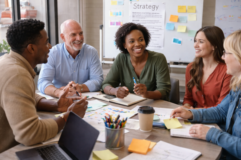 Small group of diverse professionals collaborating around a table in a workshop setting, engaged in discussion with notes, laptops, and a whiteboard in the background.