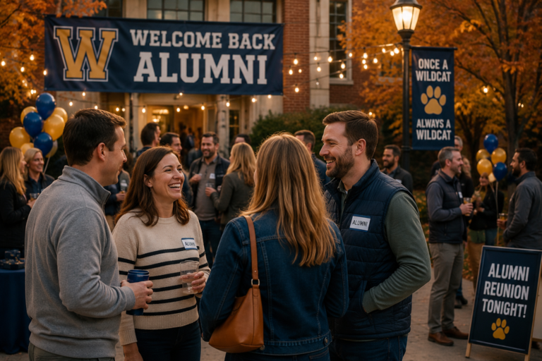 High school alumni reconnecting during a fall alumni event on campus with string lights, school spirit decorations, and autumn colors creating a warm and nostalgic community atmosphere.