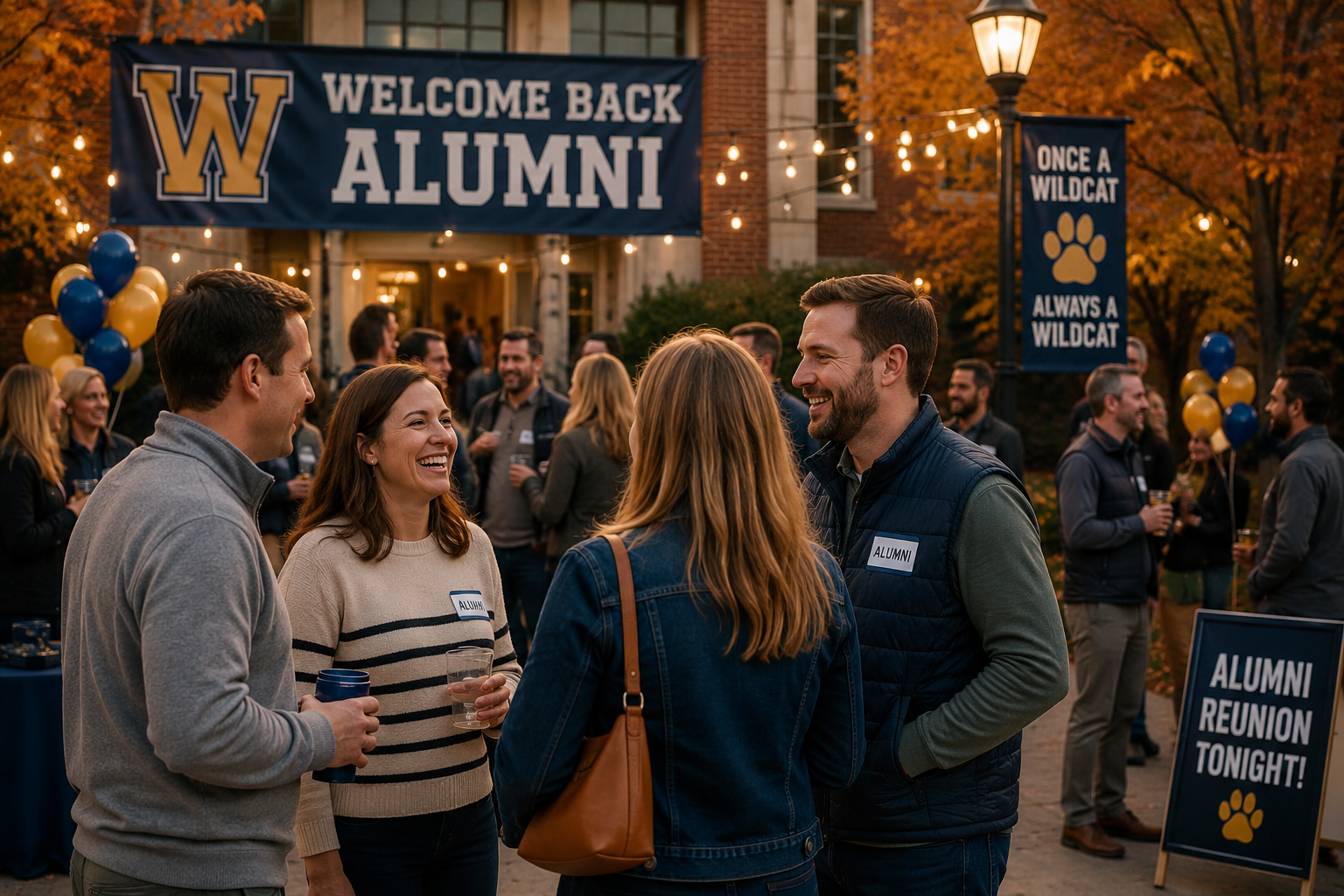 High school alumni reconnecting during a fall alumni event on campus with string lights, school spirit decorations, and autumn colors creating a warm and nostalgic community atmosphere.