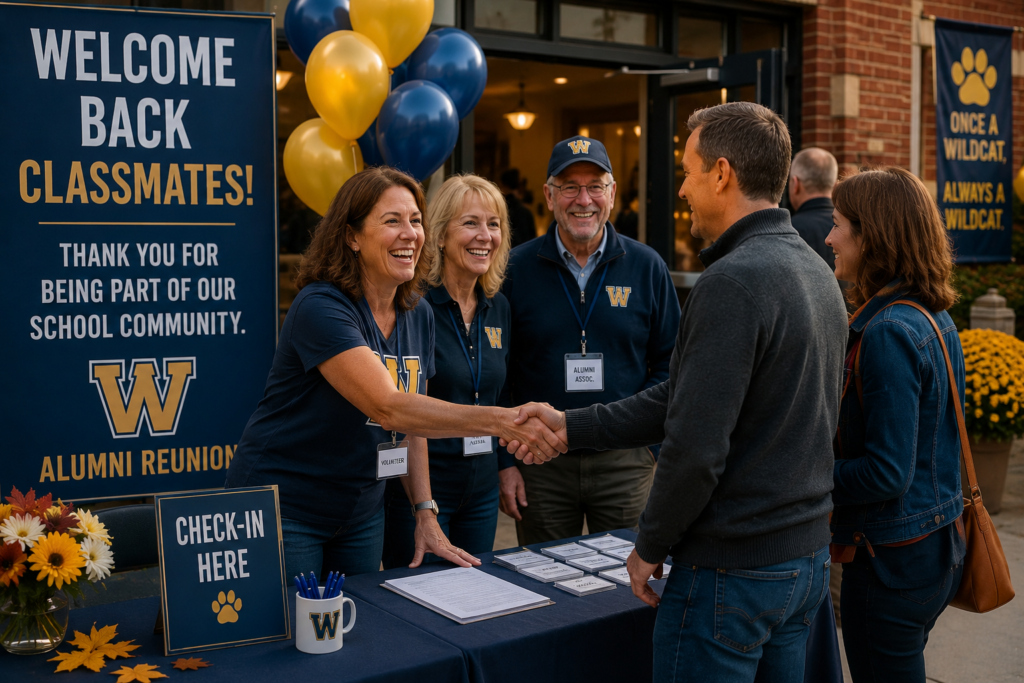 Alumni association members welcoming classmates at a fall school reunion event with check-in tables, school spirit decorations, and a warm community atmosphere.
