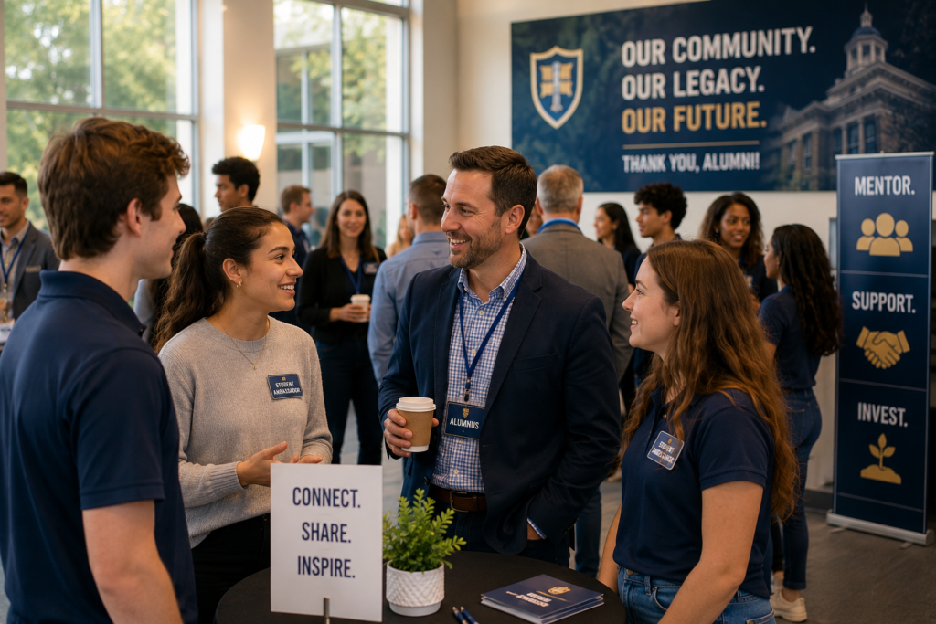 Current students and alumni networking during a community-focused alumni event with mentorship conversations, school branding, and a welcoming professional atmosphere.

