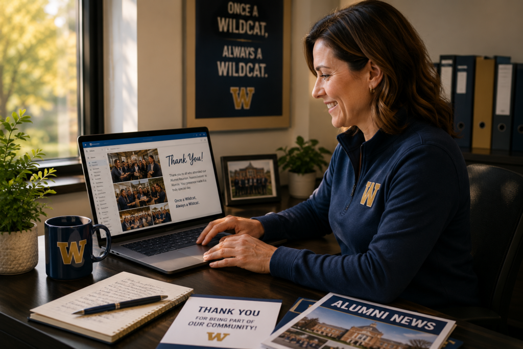 School alumni coordinator reviewing event photos, sending follow-up emails, and preparing alumni newsletters in a warm office setting after a community alumni event.
