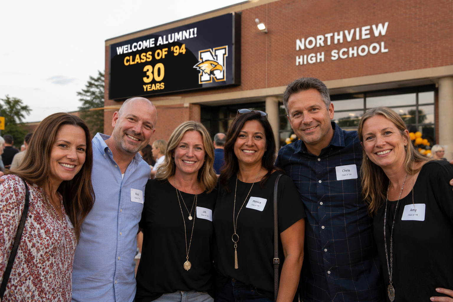 A group of six alumni smile together outside their High School during a 30-year class reunion event, with a welcome sign reading "Welcome Alumni! Class of '94" visible in the background.