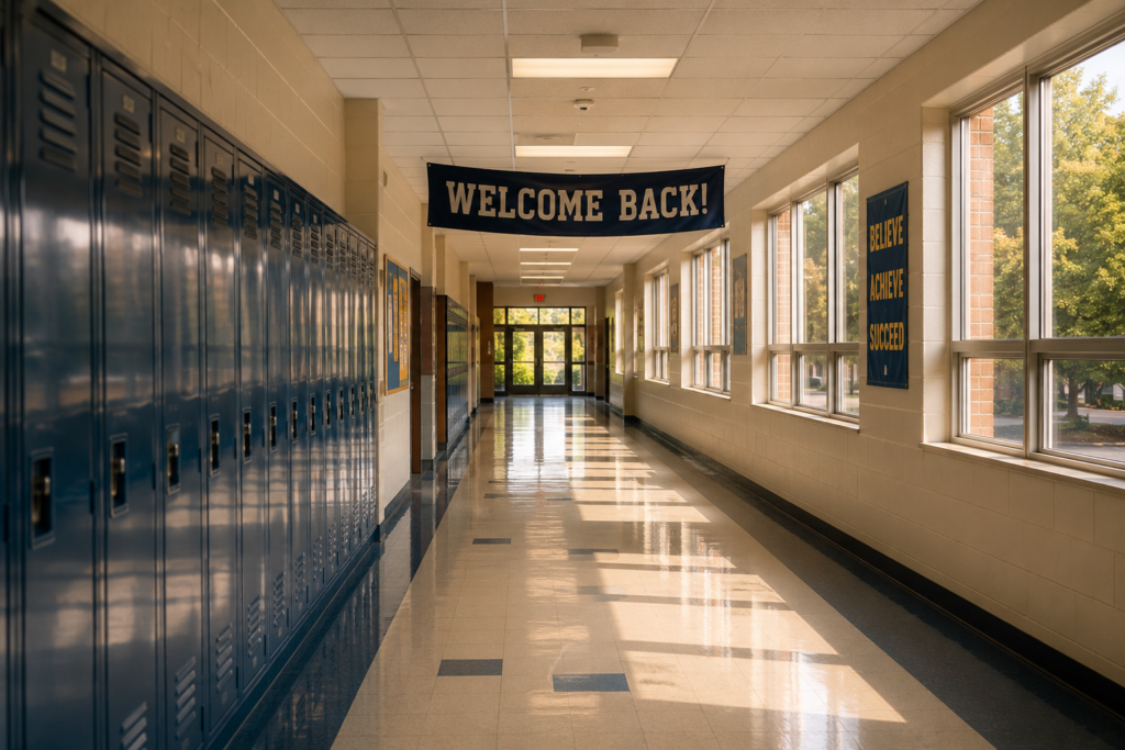 An empty public high school hallway lined with blue lockers and a "Welcome Back!" banner hanging from the ceiling, with warm sunlight streaming through the windows at the start of a new school year.