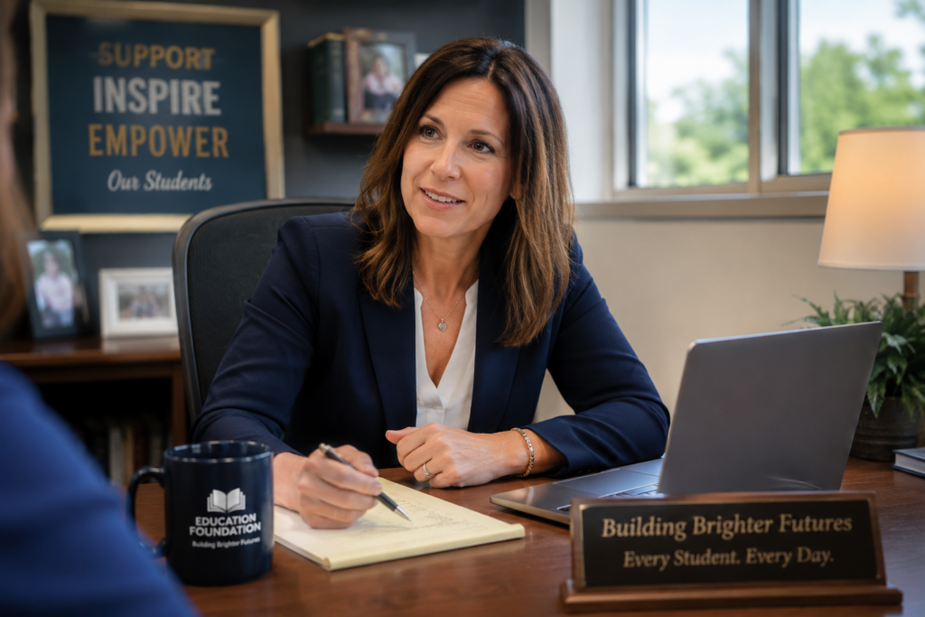 An education foundation director meets with a colleague in her office, with an "Education Foundation: Building Brighter Futures" nameplate on her desk.