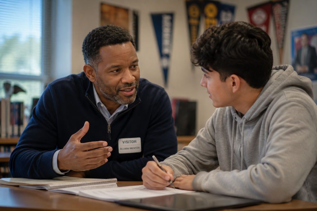 An alumni mentor wearing a visitor badge meets one-on-one with a high school student in a school library, engaged in conversation while the student takes notes, with school pennants visible on the wall in the background.
