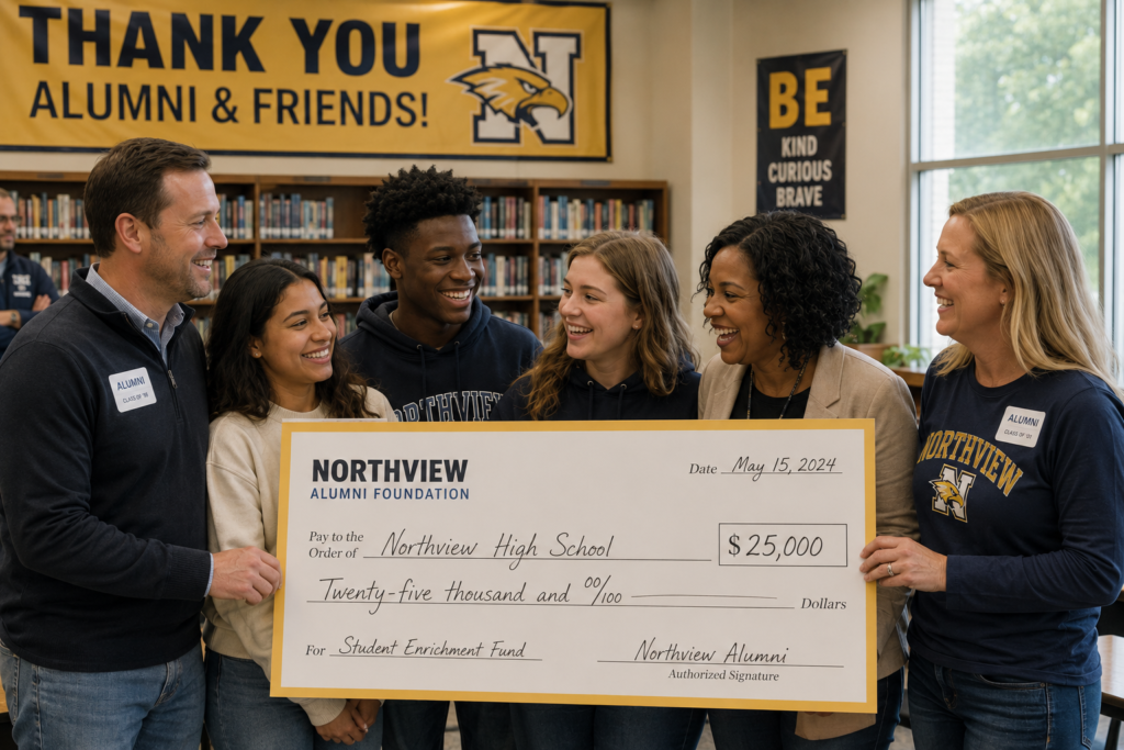 Alumni Foundation presents a $25,000 check to their High School for the Student Enrichment Fund, with a "Thank You Alumni & Friends" banner displayed in the background.
