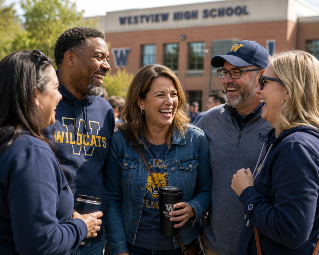 A group of smiling alumni wearing school spirit apparel gather outside their High School during a community event, sharing laughs and reconnecting in a warm, nostalgic atmosphere.