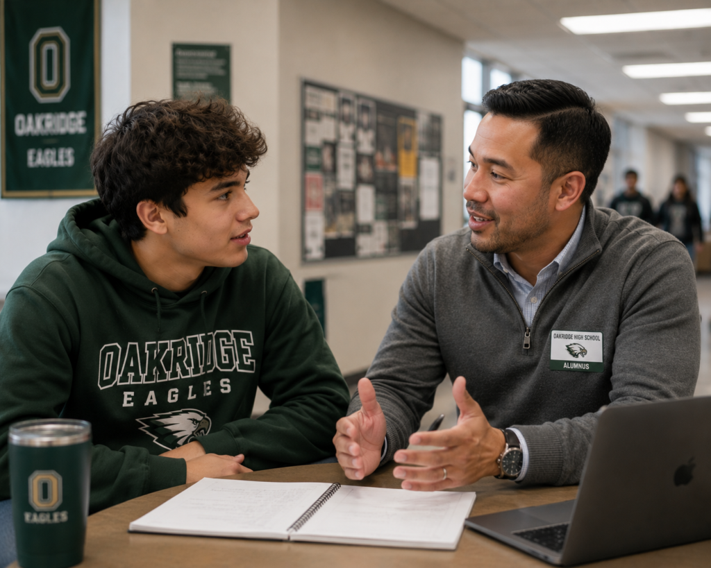 An alumni mentoring a high school student during a warm one-on-one conversation inside the High School.
