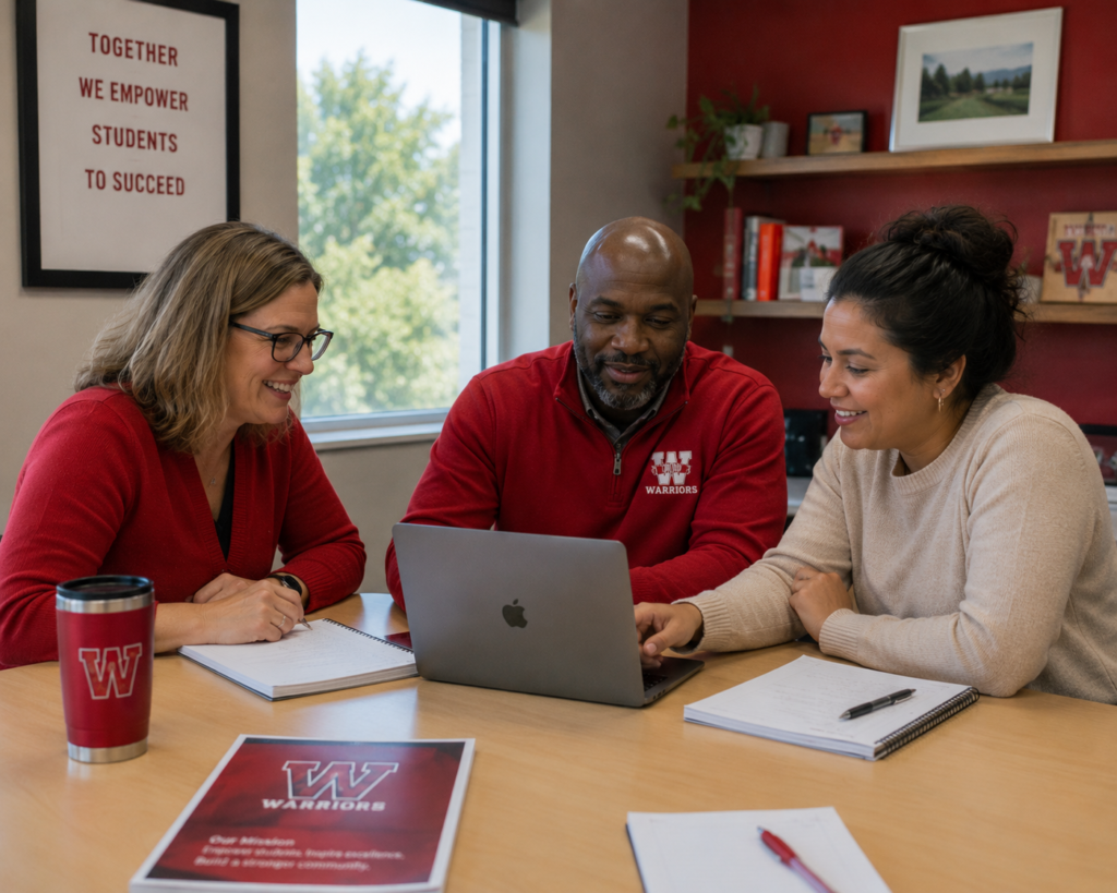 Three K12 school administrators collaborate around a laptop at a conference table in a school office, surrounded by school spirit materials and a motivational poster reading "Together We Empower Students to Succeed.