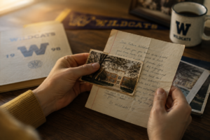 Alumni hands holding a vintage school photo and handwritten letter, surrounded by a yearbook and school memorabilia, evoking the nostalgia of K12 alumni engagement.
