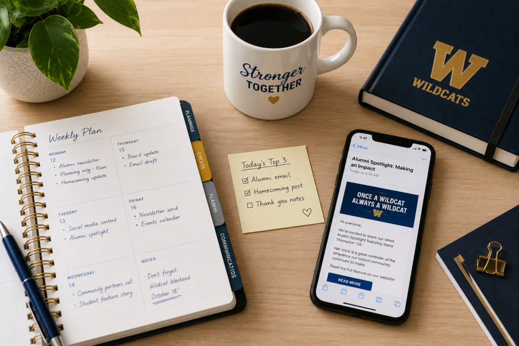 A weekly planner, sticky note checklist, and phone displaying an alumni spotlight email, representing the day-to-day work of K12 alumni communication.