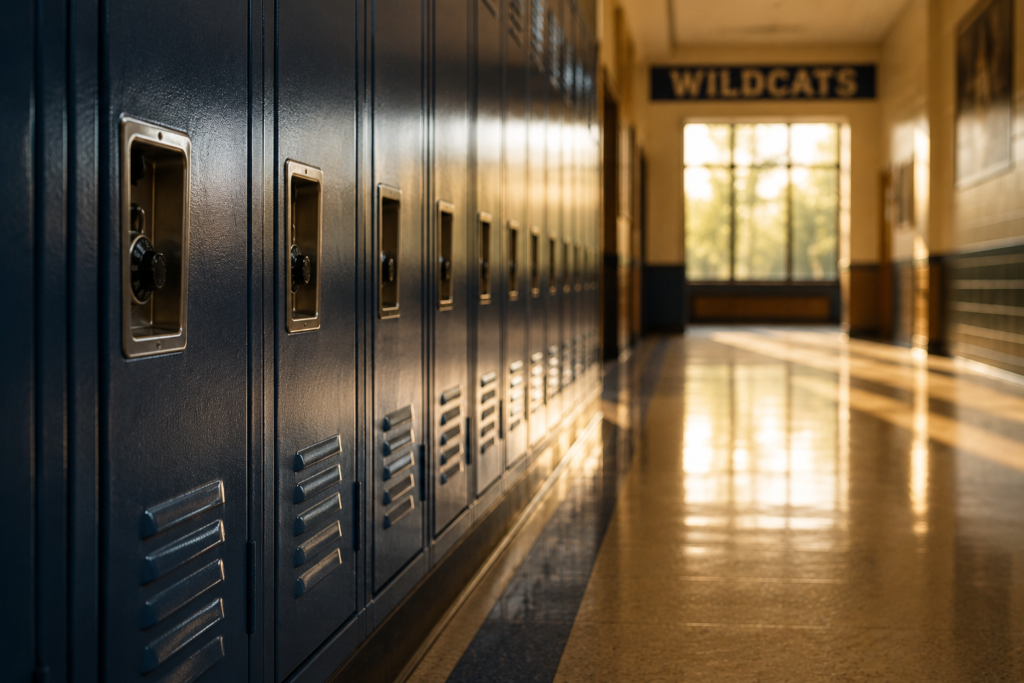 A sunlit high school hallway lined with navy lockers, evoking the nostalgia and lasting memories that drive alumni connection.
