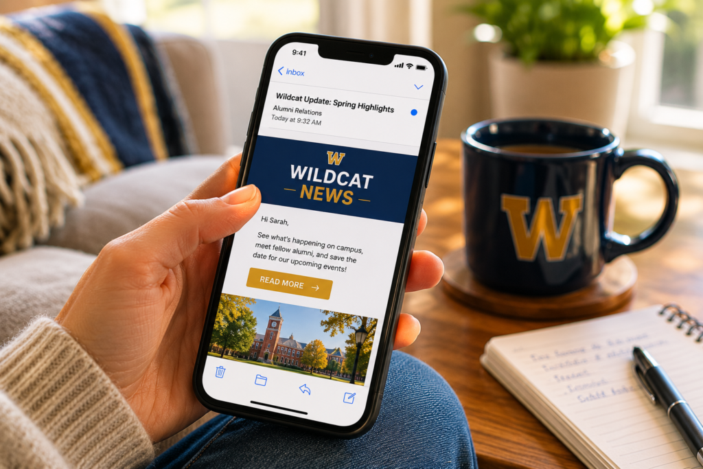 An alumni reading a personalized school newsletter on their phone at home, illustrating how consistent alumni outreach meets graduates in their everyday lives.

