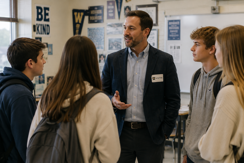 An alumni volunteer speaking with high school students in a classroom, demonstrating the mentoring and career guidance connections that meaningful alumni engagement makes possible.
