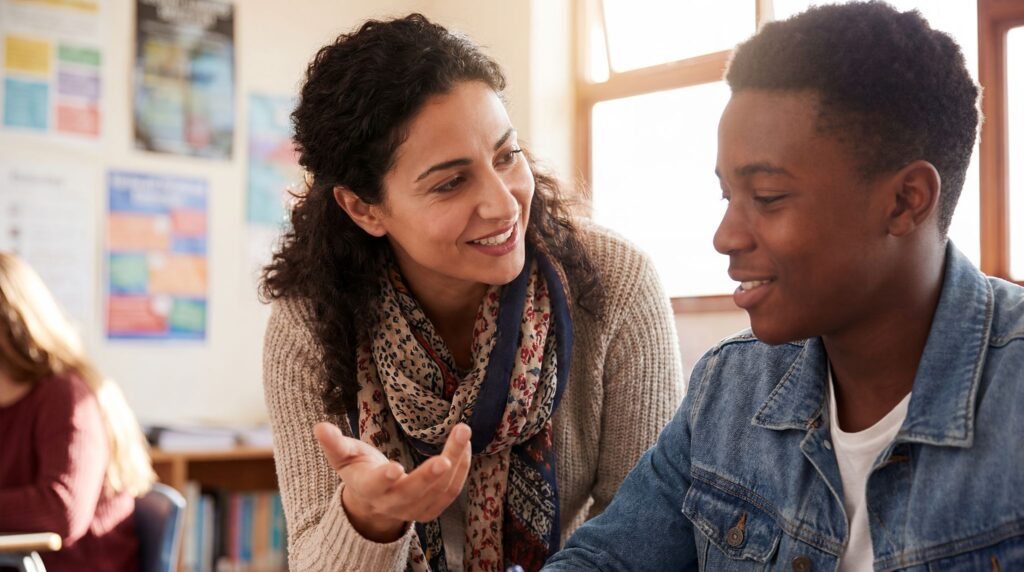 Alumni board member mentoring a student.