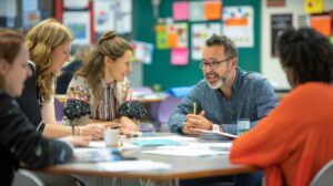 Alumni board members meeting in a classroom setting