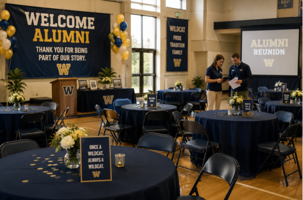 School staff preparing for a lightly attended alumni event with decorated tables, reunion signage, and a quiet campus gathering atmosphere.
