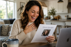A happy woman at a kitchen table smiles while reading an alumni spotlight feature in her cozy, sunlit home.