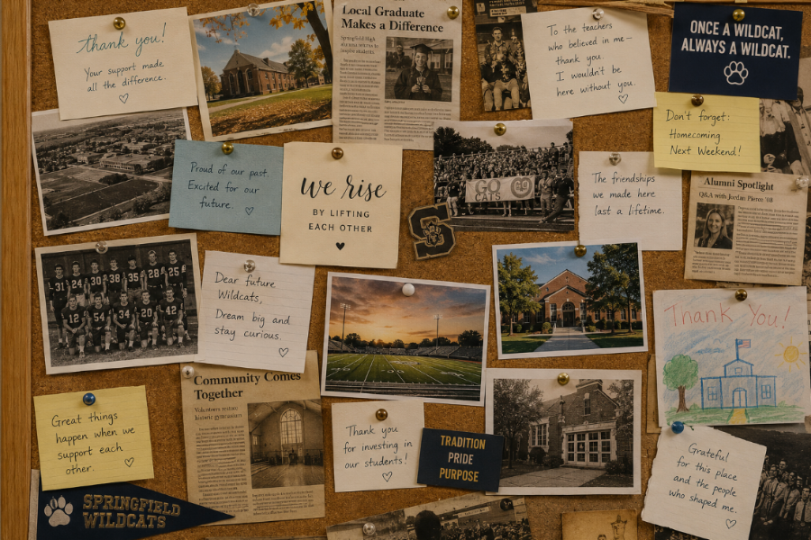 A corkboard filled with overlapping photos, handwritten notes, newspaper clippings, and school mementos, creating a warm community memory wall that celebrates alumni stories, recognition, and shared history.
