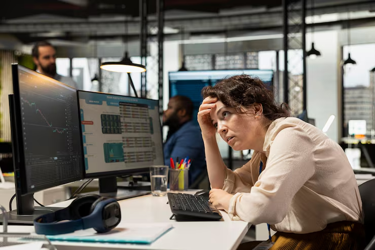 Stressed woman looking at her database
