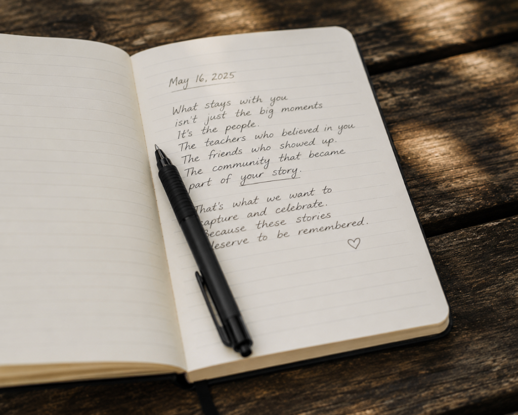 An open notebook with handwritten reflections and a pen resting on the page sits on a wooden surface in soft natural light, creating a quiet and thoughtful storytelling moment.